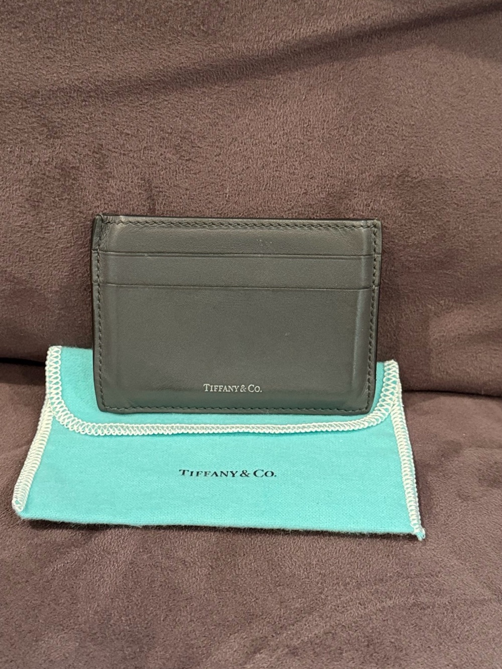 Tiffany & Co. Black Leather Card Holder with Tiffany Blue Pouch